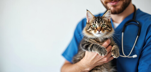 Young male vet holds striped cat in clinic. Kitten looks at camera. Doctor provides pet care, animal check up. Vet pro wears blue uniform, stethoscope. Cute domestic feline gets health exam. Clinic