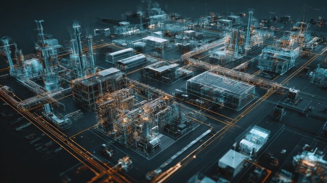 digital twin model of supply chain network showcases industrial facility with advanced technology and data visualization scene conveys innovation