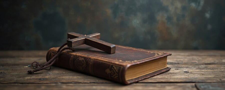 Wooden cross rests on old leather bound bible book. Antique religious text lies on weathered wooden table. Spirituality and faith symbolism.