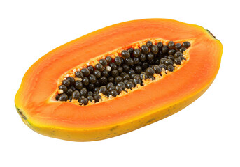 Close up of a yummy and sweet halved papaya fruit revealing the orange flesh and numerous small round seeds inside it on transparent background