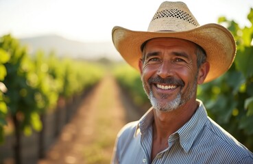 Fototapeta premium Smiling man in straw hat stands in vineyard rows. Farmer with grey beard wears striped shirt, enjoys sunny day. Rural agriculture, grape plants background, warm light.