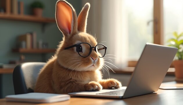 Cute rabbit in glasses works on laptop in office. Brown bunny sits at desk with notebook computer. Funny animal in modern workplace with technology. Rabbit uses computer at home or office.
