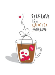 Vector cartoon sketch with cup of black tea, tea bag with hearts and  shadow of self-love. Self-care and self-love is tea made with love.Take pause, coffee break time to relax, refresh method.