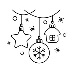 Hanging Christmas tree decorations. Black outline linear silhouette. Editable strokes. Front view. Vector simple flat graphic illustration. Isolated object on a white background.