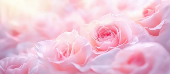 Naklejka premium Luxurious macro background of soft pink roses. As a wedding backdrop and for Valentine's Day. Soft focus blur.