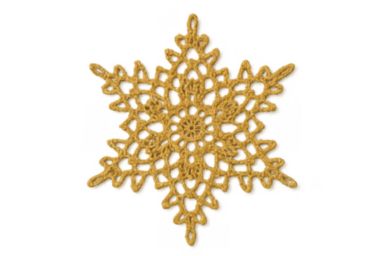 Gold crochet snowflake ornament on transparent background, symbolizing winter holidays, crafting, and traditional decoration
