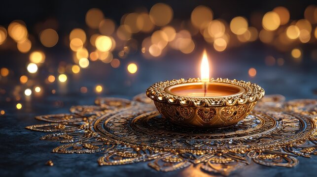 photo of golden diwali diya with intricate mandala designs and festive lights for a happy and prosperous celebration of the festival of lights