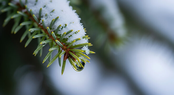 christmas pine branch with blurred background, christmas green foliage holiday decor, festive evergreen twig for winter
