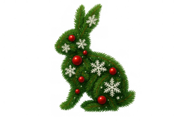 Christmas bunny made of pine branches, red ornaments, and snowflakes, representing holiday animal and festive season, transparent background