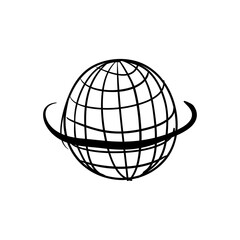 Black and white stylized globe with a curved line encircling it, representing global connection and travel