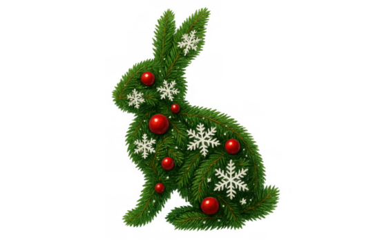 Christmas bunny made of pine branches, red ornaments, and snowflakes, representing holiday animal and festive season, transparent background