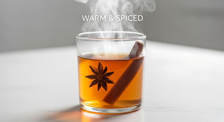 christmas tea cup with steam and spices, christmas warm drink with star anise, holiday beverage with cozy aroma
