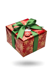 christmas gift box with holly pattern, christmas red present with green ribbon, holiday wrapped gift with festive decor
