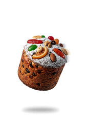christmas panettone with icing and nuts, christmas festive fruit cake dessert, holiday sweet bread with candied topping
