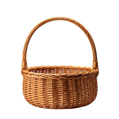 Woven wicker basket with handle isolated on transparent background