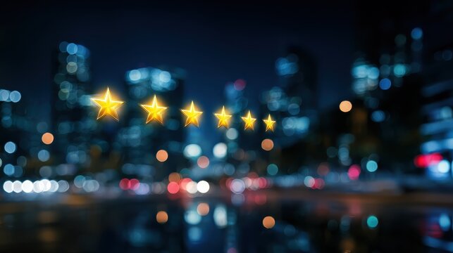 digital interface displaying glowing reviews with five stars and blurred city lights in the background