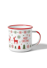 christmas mug with red rim, christmas ceramic cup with festive design, holiday coffee mug with reindeer and trees
