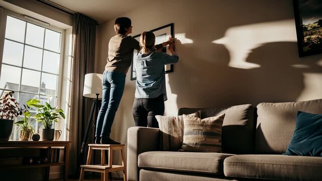 Ibu dan anak menciptakan suasana rumah yang nyaman dengan menggantung karya seni dan menata bantal di ruang tamu mereka yang disinari matahari, menikmati proyek keluarga bersama