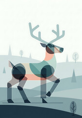 christmas deer in abstract forest, christmas geometric animal art, modern minimalist holiday landscape
