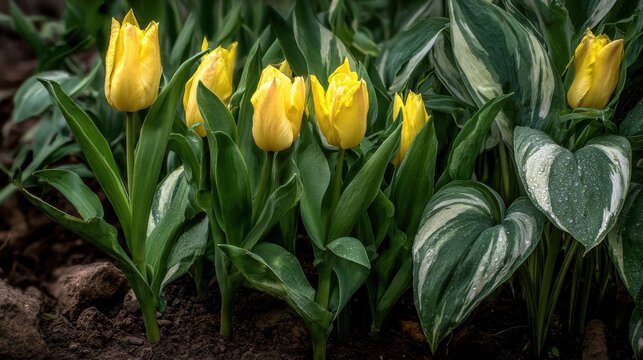 variegated leaves and yellow darwin hybrid tulips tulipa blossoming in a garden in early spring