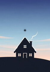 Christmas House Silhouette Illustration, Christmas Holiday Starry Night Scene, Peaceful Winter Landscape