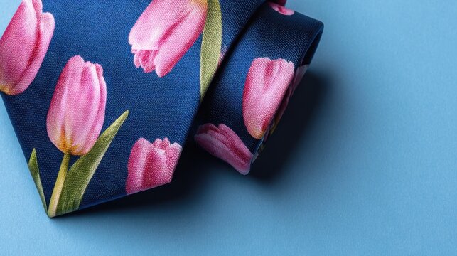 mens necktie with pink tulips on blue background copy space flat lay top view fathers day boss day mens day valentines day for holiday banner template for greeting card banner