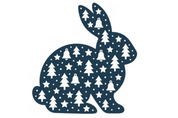 Christmas rabbit silhouette with bells, stars, and fir trees. Holiday winter paper cutout design, transparent background