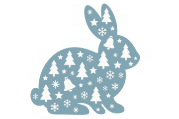 Christmas rabbit silhouette with winter trees, snowflakes, bells and stars pattern, transparent background