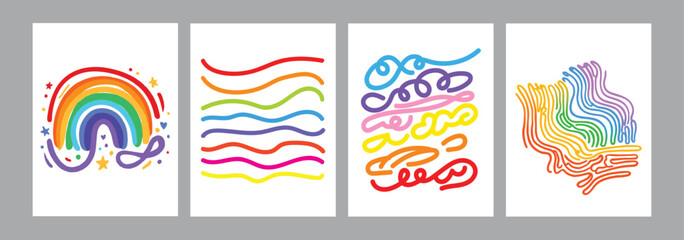Set of four simple colorful rainbow art designs featuring abstract lines and shapes ideal for pride month themes
