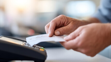 Close-up of hands holding a receipt near a payment terminal in a retail or business environment with blurred background