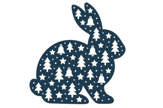 Christmas rabbit silhouette with bells, stars, and fir trees. Holiday winter paper cutout design, transparent background