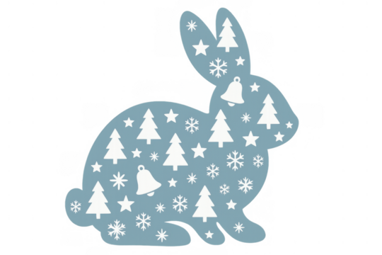 Christmas rabbit silhouette with winter trees, snowflakes, bells and stars pattern, transparent background