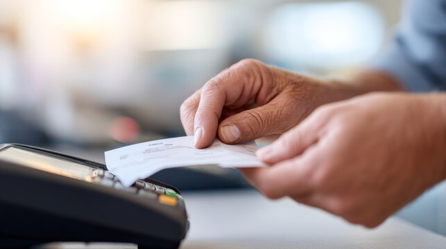 Close-up of hands holding a receipt near a payment terminal in a retail or business environment with blurred background