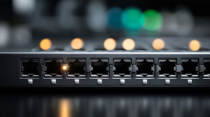 Close-up of network switch ports with one active LED light indicating connectivity in a dark environment with blurred background lights