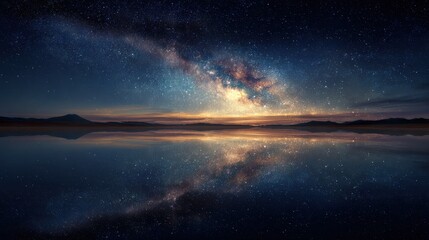 milky way galaxy mirrored in a calm lake beneath a starry night sky