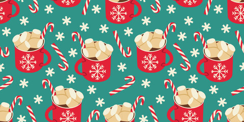 Christmas hot cocoa drink seamless pattern. Red cup of hot chocolate with marshmallows, chocolate and candy canes