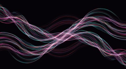 Abstract flowing light streams weave across a dark background forming intersecting wave patterns