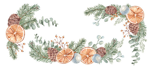 Winter plants Watercolor compositions set. Christmas or New Year bouquets. Fir Branches, Eucalyptus, Pine Cones and dry Orange slices with blue Glass Balls. Hand drawn Botanical illustration isolated