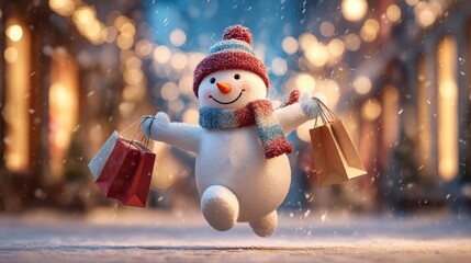Happy funny snowman wearing hat and scarf carries colorful shopping bag with presents, running buy gifts. Winter holiday purchase, festive season art illustration on Christmas ad background.