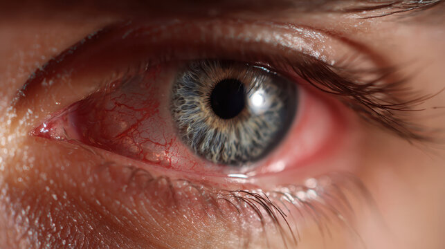 Macro close up of irritated human eye with redness and inflamed veins caused by blepharitis or infection