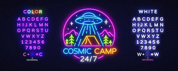 Neon sign showing a UFO over a campsite with glowing text Cosmic Camp 24 7. Includes full neon alphabet and editable characters. Bright vector illustration © Ivan