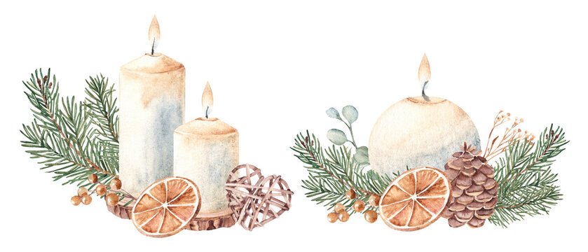 Christmas Candle Composition set with Fir Branches, dry Orange slice and Wicker Toy. Watercolor illustration isolated on white background. For Cards and Prints.
