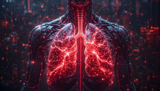 Futuristic human anatomy with glowing red lungs symbolizing respiratory health, medical innovation, and cutting-edge biological technology for healthcare solutions