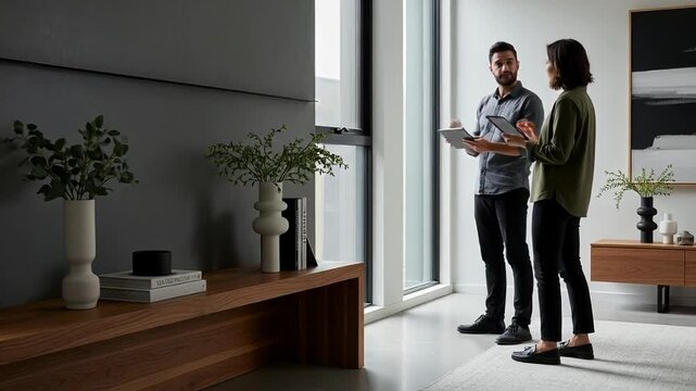 Agen real estat menunjukkan apartemen modern kepada calon pembeli dengan desain interior yang dinamis, menunjukkan fitur-fitur bergaya selama tur properti di rumah yang cerah dan luas