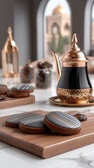 Freshly baked crescent-shaped cookies with star patterns are presented on a wooden board beside a glass of tea