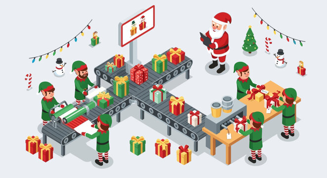 Isometric illustration of Santa's workshop with elves wrapping presents on a conveyor belt. - Powered by Adobe