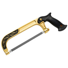 Golden hacksaw with black handle isolated on transparent background