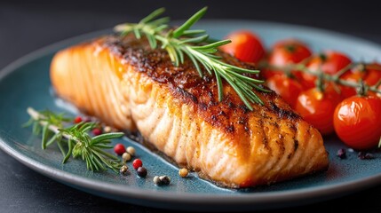 Delicious grilled salmon is paired with vibrant roasted cherry tomatoes and aromatic fresh herbs, creating a healthy meal