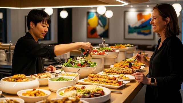 Aksi layanan makanan yang dinamis saat dua wanita menikmati pengalaman prasmanan mewah yang semarak dengan salad segar dan tusuk sate panggang dalam suasana modern
