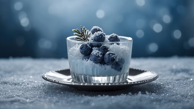 Ar&aacute;ndanos cubiertos de escarcha en vaso de cristal sobre plato plateado con fondo azul invernal